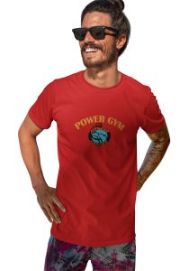 Power Gym Round Neck Gym Tshirt (BG Yellow and Blue) (Red Tshirt) - Clothes for Gym Lovers - Suitable for Gym Going Person - Foremost Gifting Material for Your Friends and Close Ones