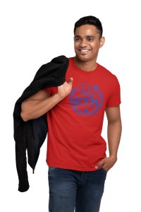 Gym Fitness Center, Blue Printed Leaves, Round Neck Gym Tshirt (Red Tshirt) - Clothes for Gym Lovers - Suitable for Gym Going Person - Foremost Gifting Material for Your Friends and Close Ones