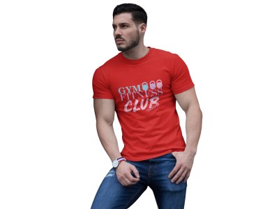 Gym, Fitness, Club (BG Blue, Violet and Pink), Round Neck Gym Tshirt (Red Tshirt) - Clothes for Gym Lovers - Suitable for Gym Going Person - Foremost Gifting Material for Your Friends and Close Ones