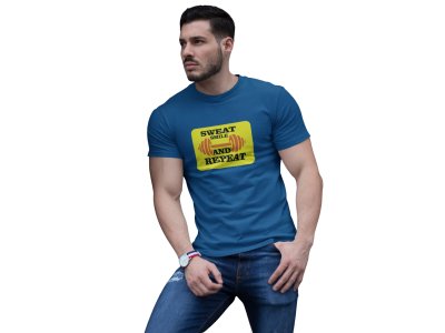 Sweat, Smile And Repeat, (BG Yellow), Round Neck Gym Tshirt (Blue Tshirt) - Clothes for Gym Lovers - Suitable for Gym Going Person - Foremost Gifting Material for Your Friends and Close Ones