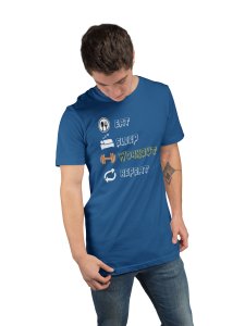 Eat, Sleep, Workout, Repeat, (BG Blue and Yellow), Round Neck Gym Tshirt (Blue Tshirt) - Clothes for Gym Lovers - Suitable for Gym Going Person - Foremost Gifting Material for Your Friends and Close Ones