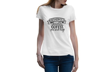 Grandma's kitchen Coffee pie and hugs - White - printed t shirt - comfortable round neck cotton.