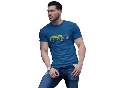 Heath and Fitness, Unlimited, No Pain, No Gain, (BG Green and Blue), Round Neck Gym Tshirt (Blue Tshirt) - Clothes for Gym Lovers - Suitable for Gym Going Person - Foremost Gifting Material for Your Friends and Close Ones