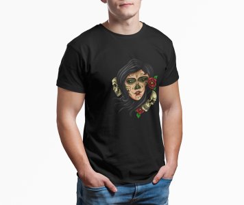 Horror skull girl illustration art -round crew neck cotton tshirts for men