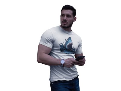 Shark attacking - White - printed T-shirts -Abstract Funny thoughtful creative illustrations - Men's stylish clothing - Cool tees for boys