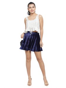 N-Gal Women's Velvet High Waist Versatile Flared Skater Short Mini Skirt_NavyBlue