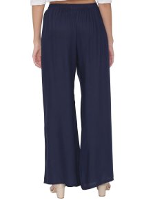 N-Gal Rayon Women's Wide Leg Elastic Waist Band Breathable Plain Palazzo Pant_NavyBlue