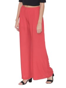 N-Gal Rayon Women's Wide Leg Elastic Waist Band Breathable Plain Palazzo Pant_Coral