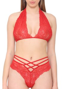 N-Gal Women's Sheer Floral Lace Underwear Lingerie Halter Bra Strappy Panty Set_Red