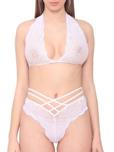 N-Gal Women's Sheer Floral Lace Underwear Lingerie Halter Bra Strappy Panty Set_White