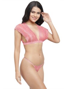 N-Gal Women's Wide Strap Lace V Back Bralette Underwear Lingerie Low Rise Thong Panty Set_Pink