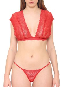 N-Gal Women's Wide Strap Lace V Back Bralette Underwear Lingerie Low Rise Thong Panty Set_Red