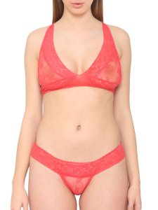 N-Gal Women's Lace Pattern Racer Back Strappy Bralettes Underwear Lingerie Low Rise Thong Panty Set _Pink