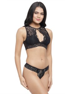 N-Gal Women's Keyhole High Neck Cut Out Bralette Bra Underwear Lingerie V Shape thong Panty Set_Black