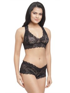 N-Gal Women's Floral Lace Racer Back Bra Underwear Lingerie Hipster Panty Set_Black