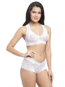 N-Gal Women's Floral Lace Racer Back Bra Underwear Lingerie Hipster Panty Set_White