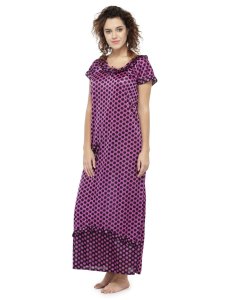 N-Gal Women's Satin Half Sleeves Polka Dot Nighty Night Dress Nightwear_Purple