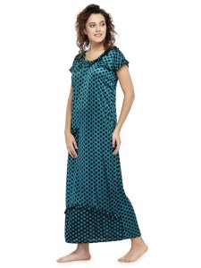 N-Gal Women's Satin Half Sleeves Polka Dot Nighty Night Dress Nightwear_Green