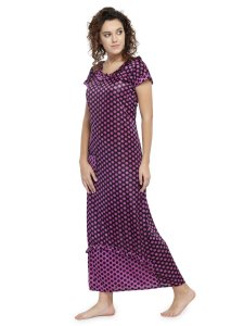 N-Gal Women's Satin Half Sleeves Polka Dot Nighty Night Dress Nightwear_Purple