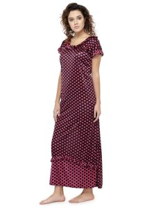 N-Gal Women's Satin Half Sleeves Polka Dot Nighty Night Dress Nightwear_Maroon_S