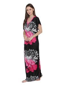 N-Gal Women's Satin Floral Long Nighty Night Dress Nightwear_Pink