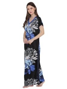 N-Gal Women's Satin Floral Long Nighty Night Dress Nightwear_Blue