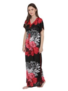 N-Gal Women's Satin Floral Long Nighty Night Dress Nightwear_Red