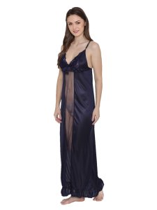 N-Gal Women's Satin Lace Deep Neck Ruffle Edge Nighty Night Dress Nightwear_NavyBlue