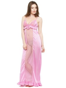 N-Gal Women's Satin Lace Deep Neck Ruffle Edge Nighty Night Dress Nightwear_Pink