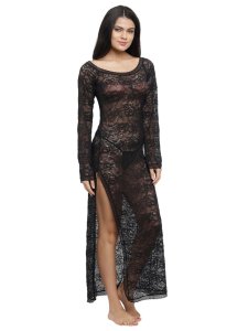 N-Gal Women's Polyester Exotic Lace Open Side Bridal Long Nighty Night Gown Nightwear with G-String_Black
