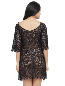 N-Gal Women's Polyester Lace Knee Length Bridal Short Nighty Night Gown Nightwear with G-String_Black