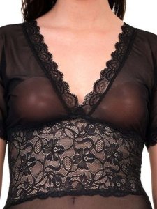 N-Gal Women's V-Neck Splicing Lace Nighty Night Dress Nightwear with G-String_Black