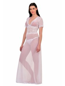 N-Gal Women's V-Neck Splicing Lace Nighty Night Dress Nightwear with G-String_White