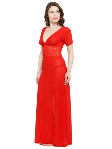 N-Gal Women's V-Neck Splicing Lace Nighty Night Dress Nightwear with G-String_Red
