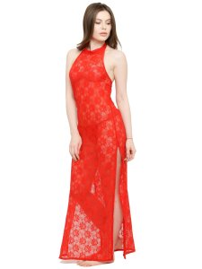 N-Gal Women's Polyester See-Thru Side Slit Lace Gown Night Dress with G-String_Red
