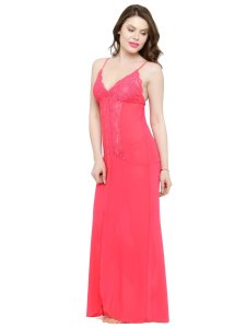 N-Gal Women's Polyester Deep Neck Rose Lace Bridal Nightgown Nightwear with G-String_Pink
