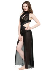 N-Gal Women's Polyester Lace Keyhole Neck Gown with G-String_Black