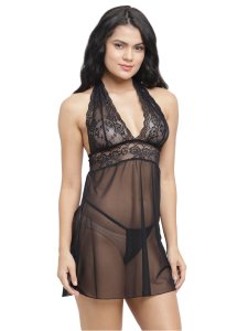 N-Gal Women's Polyester Spandex Halter Neck Soft Lace Babydoll Dress Nightwear with G-String_Black