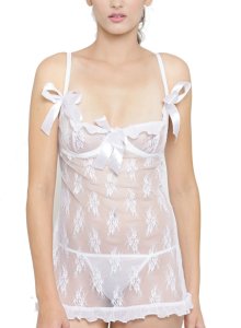 N-Gal Women's Polyester Spandex Deep Lace Neck Sheer Babydoll Night Dress with G-String_White