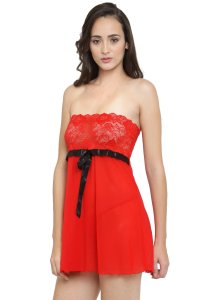 N-Gal Women's Polyester Spandex Strapless Sheer Babydoll Night Dress with G-String_Red_Medium