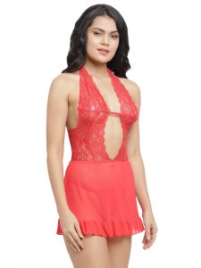 N-Gal Women's Polyester Spandex Front Cut Out Lace Halter Neck Sheer Babydoll Night Dress with G-String_Red