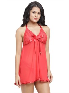 N-Gal Women's Polyester Spandex Deep Halter Neck Lace Cups Sheer Babydoll Night Dress with G-String Bridal Nightwear_Red