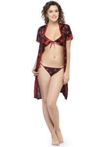 N-Gal Women's Satin Heart Print Bikini Thong Robe Lingerie Nightwear_Maroon
