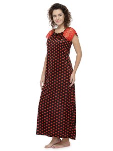 N-Gal Women's Satin Polka Dot Print Short Lace Sleeves Nighty Night Dress Nightwear_Red