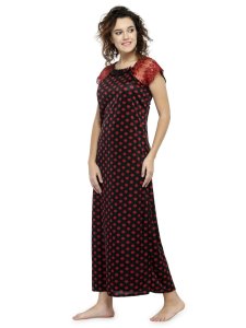N-Gal Women's Satin Polka Dot Print Short Lace Sleeves Nighty Night Dress Nightwear_Maroon