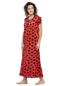 N-Gal Women's Satin Short Sleeves Hearts Print Maxi Nightwear Nightdress_Red