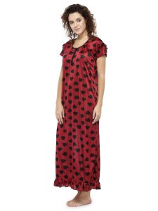 N-Gal Women's Satin Short Sleeves Hearts Print Maxi Nightwear Nightdress_Maroon