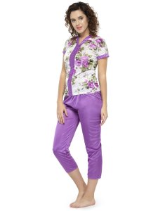 N-Gal Women's Satin Short Sleeves Floral Print Top Pyjama Set Nightwear Nightsuit_Purple_S