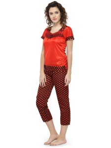 N-Gal Women's Satin Short Sleeves Polka Dot Print Top Pyjama Set Nightwear Nightsuit_Red