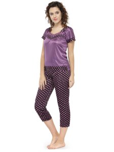N-Gal Women's Satin Short Sleeves Polka Dot Print Top Pyjama Set Nightwear Nightsuit_Purple
